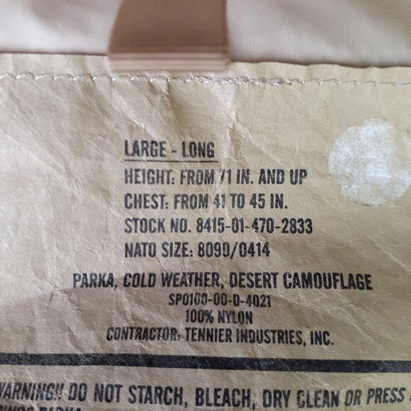 Size Large Long Cold Weather Parka Desert Camouflage Jacket Coat - Picture 9 of 11